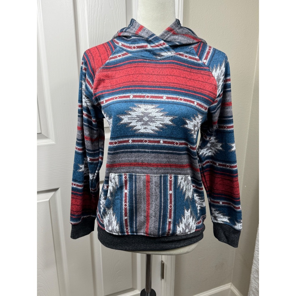 Brooklyn Cloth Womens S Aztec Print Hoodie Long Sleeve Pocket Gray Red *READ*